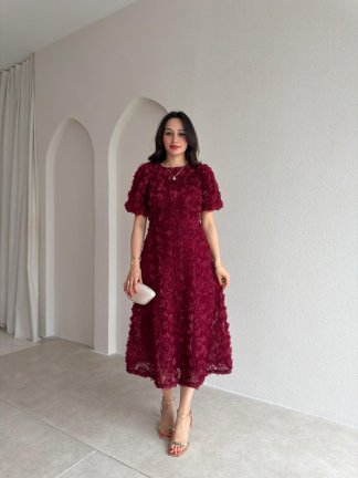 CUTE Kabartma Gül Desenli Midi Elbise 1807 - Bordo - 2