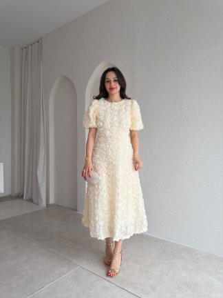 CUTE Kabartma Gül Desenli Midi Elbise 1807 - Krem Rengi - 2