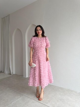 CUTE Kabartma Gül Desenli Midi Elbise 1807 - Pudra - 2