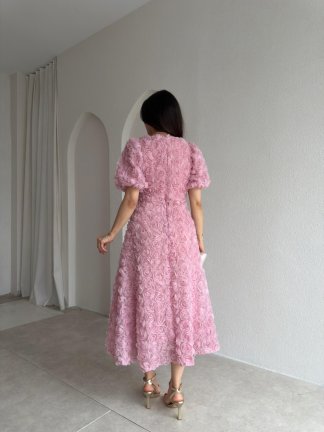 CUTE Kabartma Gül Desenli Midi Elbise 1807 - Pudra - 3