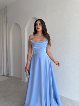 DANİEL Yaka Detaylı Maxi Elbise 3763 - Bebe Mavisi - 2