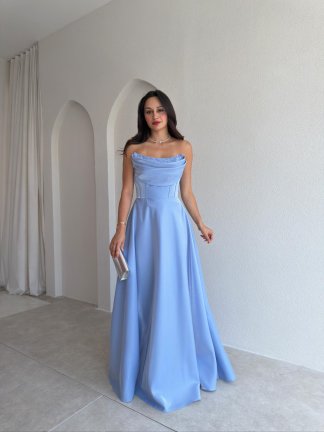 DANİEL Yaka Detaylı Maxi Elbise 3763 - Bebe Mavisi 