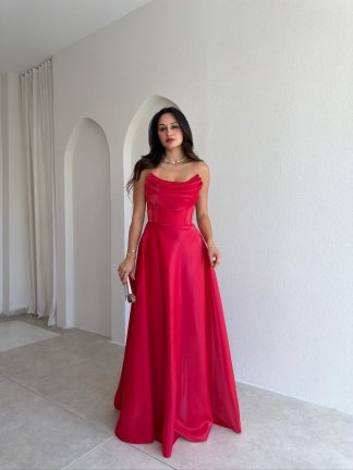 DANİEL Yaka Detaylı Maxi Elbise 3763 - Kırmızı - 1