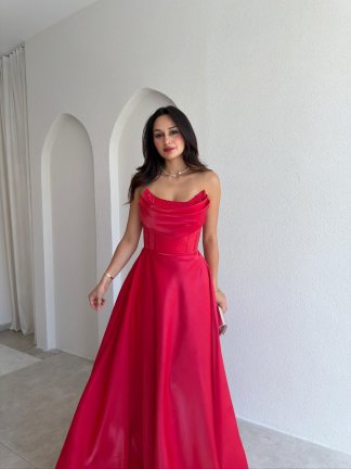 DANİEL Yaka Detaylı Maxi Elbise 3763 - Kırmızı - 2