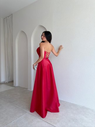 DANİEL Yaka Detaylı Maxi Elbise 3763 - Kırmızı - 3
