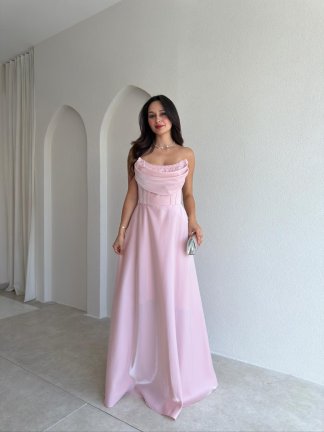 DANİEL Yaka Detaylı Maxi Elbise 3763 - Pudra 