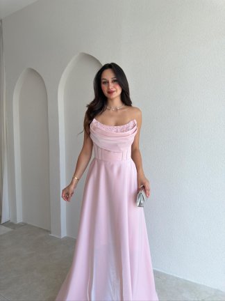 DANİEL Yaka Detaylı Maxi Elbise 3763 - Pudra - 2