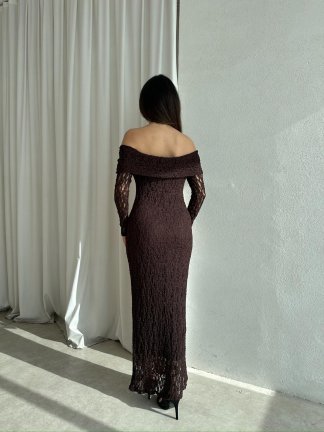 DAPHNE Dantelli Midi Elbise 8713 - Acı Kahve - 3