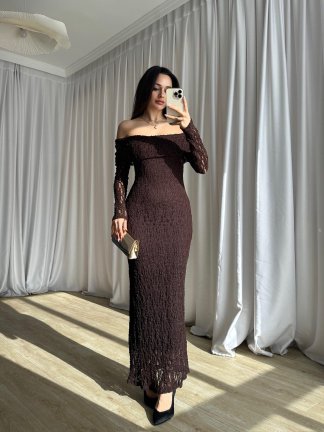 DAPHNE Dantelli Midi Elbise 8713 - Acı Kahve - 4