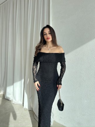 DAPHNE Dantelli Midi Elbise 8713 - Siyah - 1