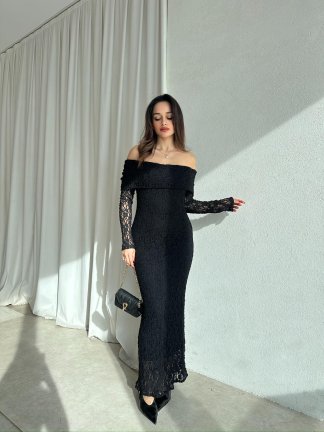 DAPHNE Dantelli Midi Elbise 8713 - Siyah - 3