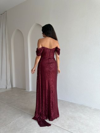 DARCY Payetli Maxi Elbise 6533 - Bordo - 3