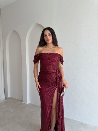DARCY Payetli Maxi Elbise 6533 - Bordo - 2