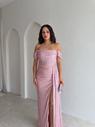 DARCY Payetli Maxi Elbise 6533 - Pudra - 2