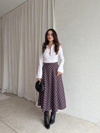 DARLİN Ekose Etek 8858 - Bordo 