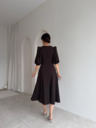 DAVE Taşlı Elbise 3444 - Acı Kahve - 3