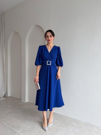 DAVE Taşlı Elbise 3444 - Saks Mavisi - 2