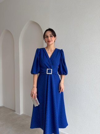 DAVE Taşlı Elbise 3444 - Saks Mavisi 