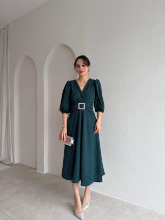 DAVE Taşlı Elbise 3444 - Zümrüt Yeşili - 2