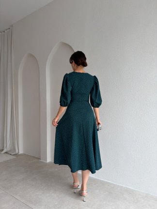 DAVE Taşlı Elbise 3444 - Zümrüt Yeşili - 3