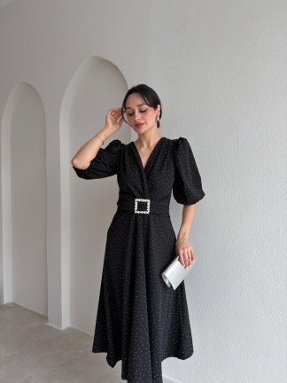 DAVE Taşlı Elbise 3444 - Siyah 