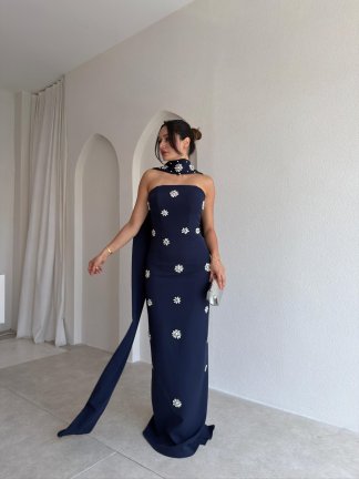 DAVİNA Şal ve Taş Detaylı Maxi Elbise 4034 - Lacivert 