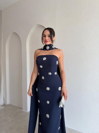 DAVİNA Şal ve Taş Detaylı Maxi Elbise 4034 - Lacivert - 4