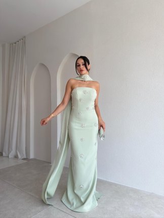 DAVİNA Şal ve Taş Detaylı Maxi Elbise 4034 - Mint - 1