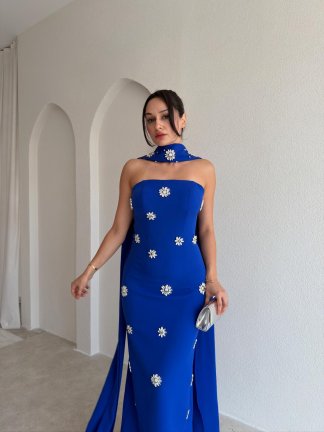 DAVİNA Şal ve Taş Detaylı Maxi Elbise 4034 - Saks Mavisi - 2