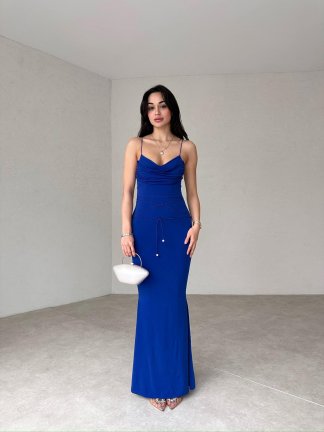 Degaje Detaylı Midi LOWRY Elbise 2069 - Mavi - 2