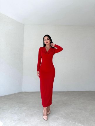 Degaje Yaka Midi RAMİREZ Elbise 1335 - Kırmızı - 2