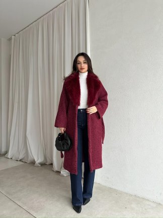 DESMOND Kürk Yaka Kaban 8573 - Bordo - 2