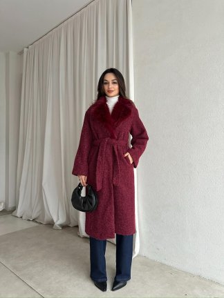 DESMOND Kürk Yaka Kaban 8573 - Bordo - 4