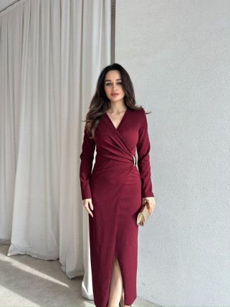  DİANA Midi Elbise 8787 - Bordo 