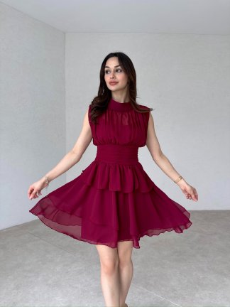 Dik Yaka Sıfır Kol Messina Elbise 2292 - Bordo - 1