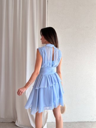 Dik Yaka Sıfır Kol Messina Elbise 2292 - Mavi - 4