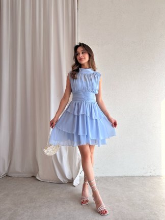 Dik Yaka Sıfır Kol Messina Elbise 2292 - Mavi - 2