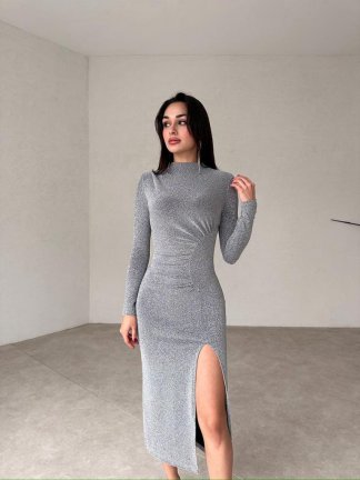 Dik Yakalı Midi DOMENİCO Elbise 3783 - Gri 