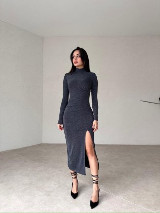 Dik Yakalı Midi DOMENİCO Elbise 3783 - Antrasit - 2