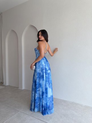 DİNAH Korse Detaylı Maxi Elbise 3752 - Mavi - 3