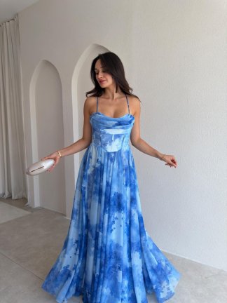 DİNAH Korse Detaylı Maxi Elbise 3752 - Mavi - 2