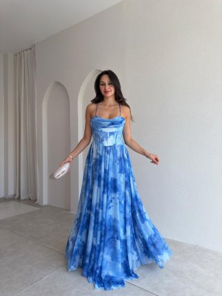 DİNAH Korse Detaylı Maxi Elbise 3752 - Mavi - 1