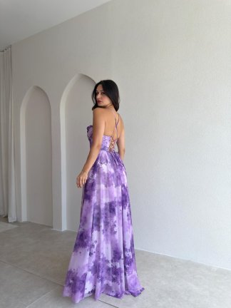 DİNAH Korse Detaylı Maxi Elbise 3752 - Mor - 3