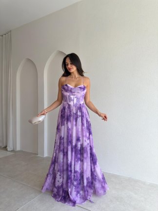 DİNAH Korse Detaylı Maxi Elbise 3752 - Mor 