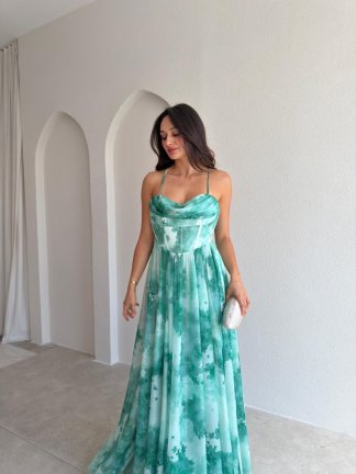 DİNAH Korse Detaylı Maxi Elbise 3752 - Yeşil - 2