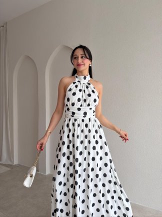 DİSNEY Puantiyeli Maxi Elbise 1569 - Beyaz 