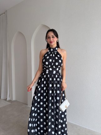 DİSNEY Puantiyeli Maxi Elbise 1569 - Siyah - 1