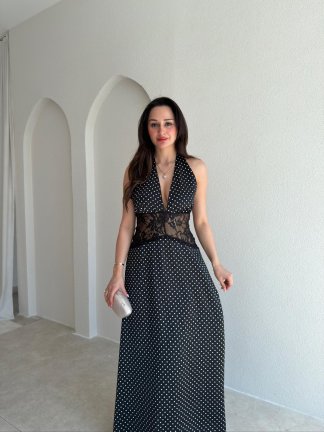 DİVAS Dantel Detaylı Puantiyeli Elbise 5498 - Siyah - 2