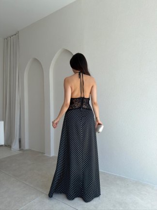 DİVAS Dantel Detaylı Puantiyeli Elbise 5498 - Siyah - 3