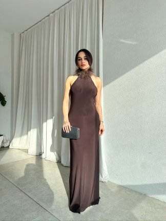  DOJA Otriş Yaka Maxi Elbise 8783 - Acı Kahve - 1
